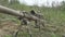 Camouflage sniper rifle is on the ground in the grass. airsoft guns