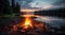 Camp fire with beautiful Canadian nature landscape. Generative AI