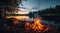 Camp fire with beautiful Canadian nature landscape. Generative AI