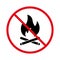 Camp Fire Burn Flame Ban Black Silhouette Icon. Warning Forbidden Danger Bonfire Pictogram. Prohibited Night Wood