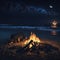 Camp Fire With Wooden Logs and Stones, Holiday Vacation Concept, Resort Hotel, Ocean Sea Beach View, Generative AI