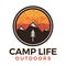 Camp life outdoors logo, retro camping adventure emblem design with mountains and tree. Unusual vintage art retro style