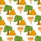 Camp tents seamless pattern camping travel house background with green oak trees and wooden arrow.