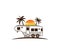 camp trailer standing in front of sunset and palm tree silhouette for beach holiday camping adventure logo design