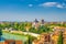 Campanile di San Giorgio in Braida aerial view in Verona historical city centre, Adige river