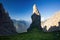 The Campanile di Val Montanaia is a rock tower surrounded by the mountains in Friuli, Italy