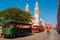 Campeche, Mexico: Independence Plaza, tourist trains and cathedral on the opposite side of the square. Old Town of San Francisco d