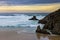 Campelo Beach at Dusk under Dramatic Yellow and Blue Sky Ferrol La Coruna Galicia