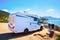 Camper in Capo Pecora resort at Mediterranean sea Sardinia