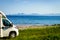 Camper car on sea shore, Lofoten Norway