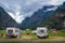 Camper cars at beautiful mountain landscape of Eidfjord, Norway