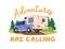 Camper, holiday car, home on wheels. Summer trailer, auto. Travel caravan, transport, mobile RV for adventures