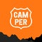 Camper logo. Car tourism icon. Stylized orange background with a silhouette of mountains.
