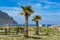 Camper, mobile home or caravan vacation, free parking of beach with palm trees and blue sea