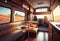 Camper motorhome interior. mobile home interior. Auto house inside. Living room and dining room. Dinner table