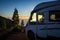 Camper motorhome summer holiday travel vacation. Renting vehicle motorhome. Enjoy freedom and nature parking off road in the