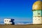 Camper on mountain peak above clouds, Portugal