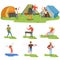 Camper people set, tourists traveling, camping and relaxing, fising vector Illustrations