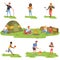 Camper people set, tourists traveling, camping and relaxing vector Illustrations