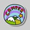 Camper sticker hand drawn illustration in cartoon style. Pin with mountains landscape star rainbow. Lettering