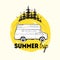 Camper trailer or campervan driving against spruce trees on background and summer trip inscription. Recreational vehicle