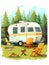 Camper Trailer And Chairs In A Forest