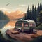 Camper Trailer Parked on the Edge of a Serene Lake with Mountain Range