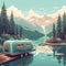 Camper Trailer Parked on the Edge of a Serene Mountain Lake with Snow-Capped Peaks View