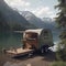 Camper Trailer Parked on the Edge of a Serene Mountain Lake with Snow-Capped Peaks View
