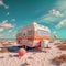 A camper trailer parked on a sandy beach. Generative AI image.