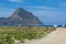 Camper vacation, parking for campers and caravans on sandy beach near San Vito lo Capo, Sicily, Italy