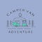 camper van adventure and campfire line art logo vector symbol illustration design