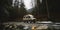 camper van in a beautiful forest landscape. Van life. adventure holiday. Generative ai