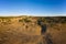 Camper van drone aerial view alone on an Alentejo landscape between the trees