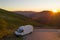 Camper van drone aerial view in Serra da Freita in Arouca Geopark at sunset, in Portugal