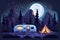 Camper van and fireplace - night mountain, full moon and forest background image