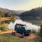 Camper van on the lake in the mountains. Camping in nature