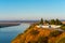 Camper van near Guadiana river drone aerial view in Juromenha Alentejo, Portugal