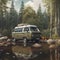 Camper Van Parked on the Edge of a Tranquil Forest Lake with Woodland Camo Pattern