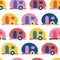 Camper van seamless vector pattern. Retro Caravans red, blue, yellow, pink seamless vector background. Scandinavian flat