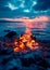 Campfire on the beach at night, summer memories, glowing embers