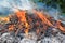 Campfire with bright orange flames and white smoke and ashes