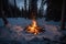 campfire burning bright in the middle of snow-covered clearing