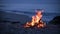 A campfire burns on a deserted sandy beach at the seashore in the evening