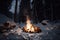 campfire crackling, with flames dancing and sparks flying, in snowy forest