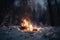 campfire crackling, with flames dancing and sparks flying, in snowy forest