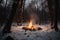 campfire crackling, with flames dancing and sparks flying, in snowy forest