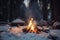 campfire crackling, with flames dancing and sparks flying, in snowy forest