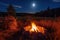 campfire crackling in the night sky, with view of the harvest moon shining its light