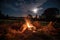 campfire crackling in the night sky, with view of the harvest moon shining its light